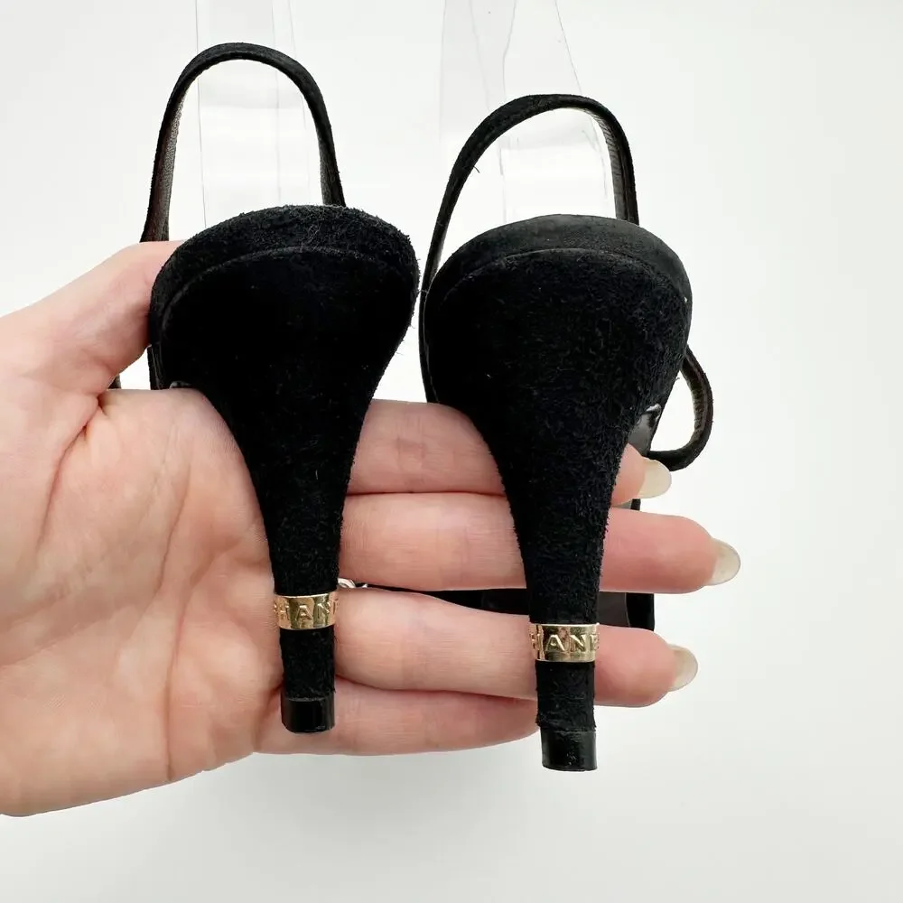 Chanel Slingback Heels 36.5 Black Suede Gold Cap Toe Vintage CC Logo Block Heel - Picture 6 of 9